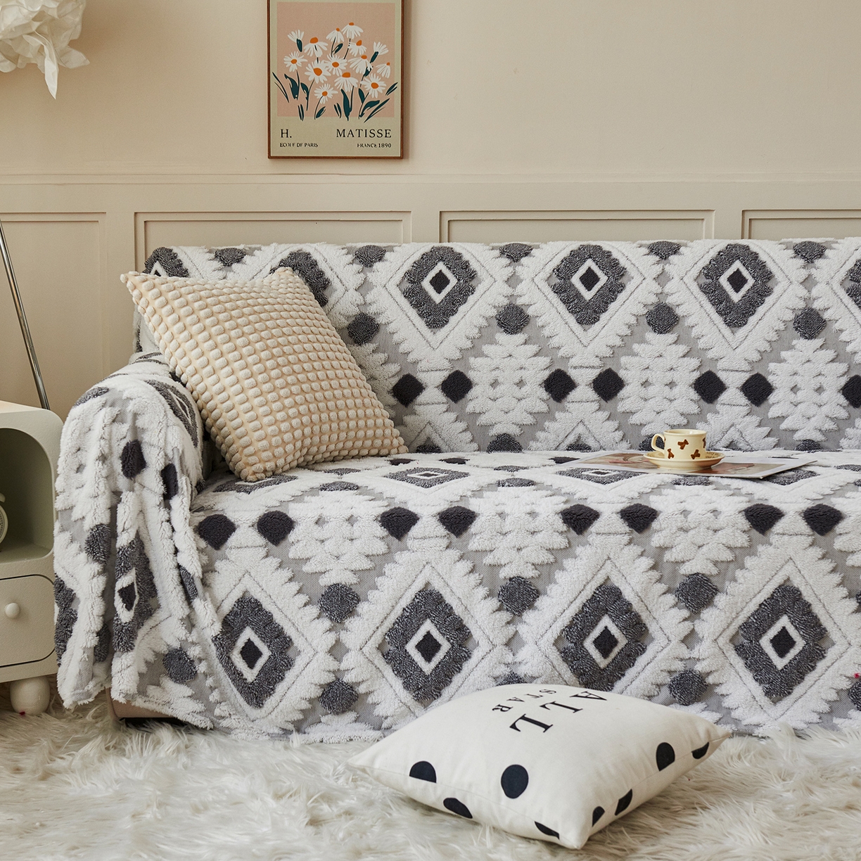 91家纺网 家纺一手货源 找家纺 枋梢家纺 2025新款沙发套罩坐垫防滑轻奢高级感盖布巾阳离子波西米亚沙发巾四季通用 波西米亚沙发巾-浅灰