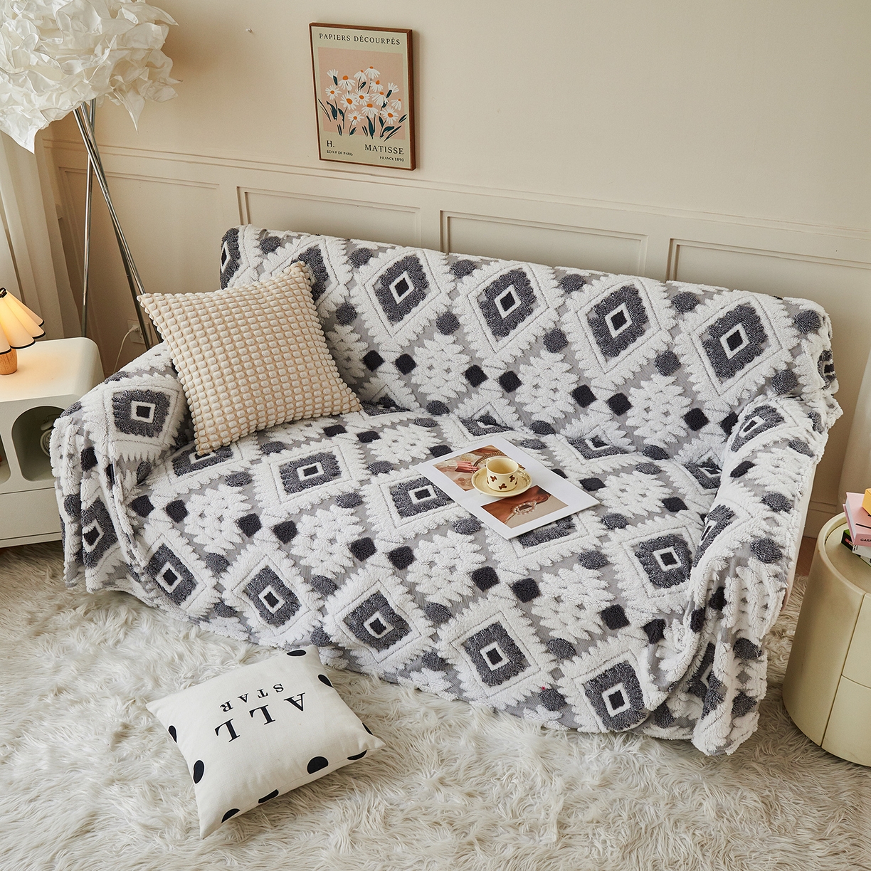 91家纺网 家纺一手货源 找家纺 枋梢家纺 2025新款沙发套罩坐垫防滑轻奢高级感盖布巾阳离子波西米亚沙发巾四季通用 波西米亚沙发巾-浅灰