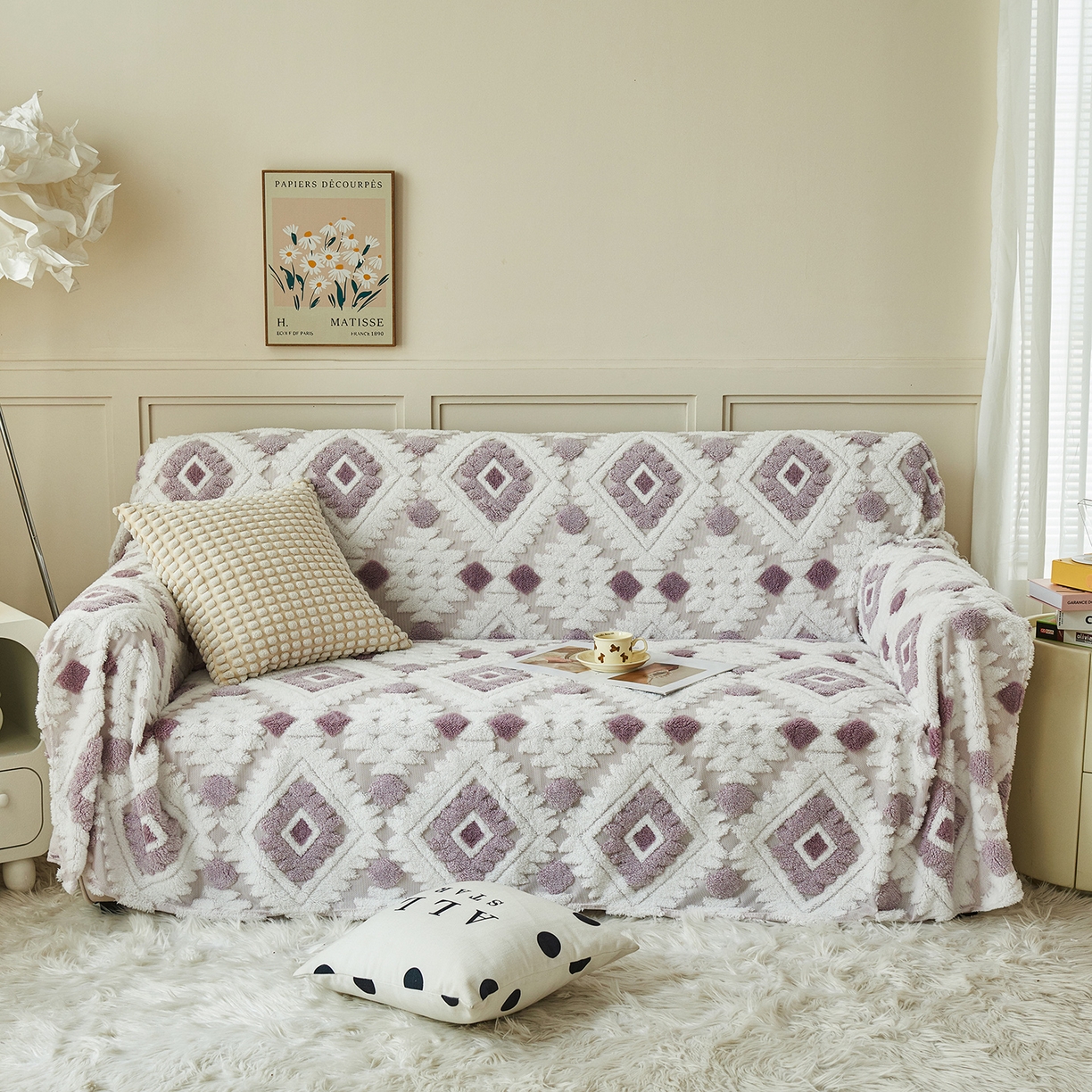 91家纺网 家纺一手货源 找家纺 枋梢家纺 2025新款沙发套罩坐垫防滑轻奢高级感盖布巾阳离子波西米亚沙发巾四季通用 波西米亚沙发巾-浅紫