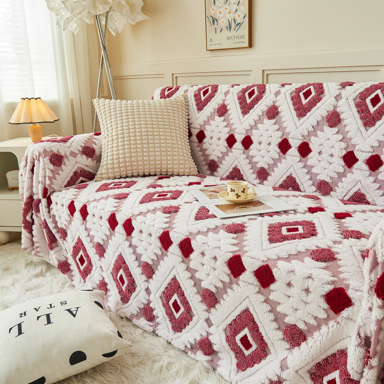 91家纺网 家纺一手货源 找家纺 枋梢家纺 2025新款沙发套罩坐垫防滑轻奢高级感盖布巾阳离子波西米亚沙发巾四季通用 波西米亚沙发巾-玫红