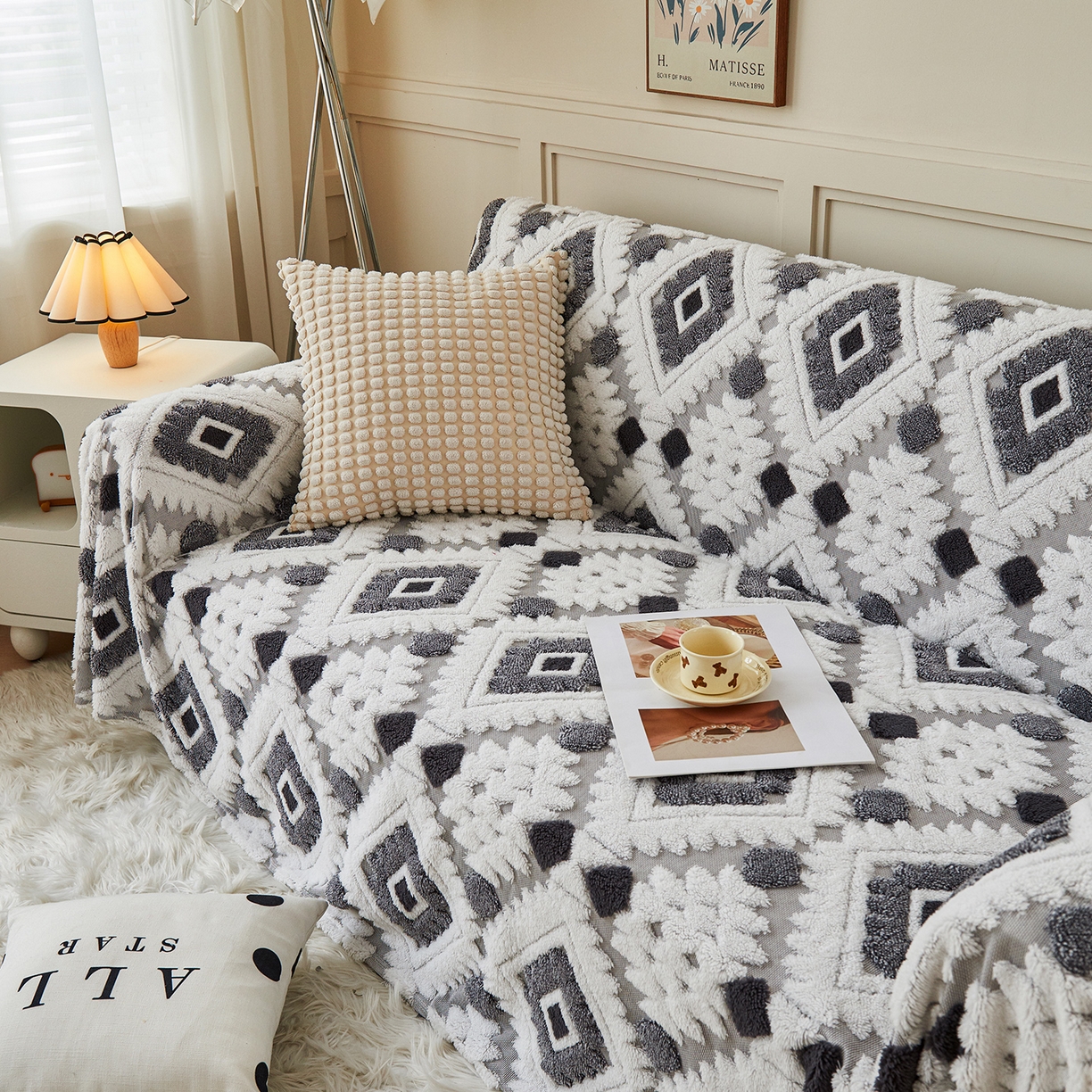 91家纺网 家纺一手货源 找家纺 枋梢家纺 2025新款沙发套罩坐垫防滑轻奢高级感盖布巾阳离子波西米亚沙发巾四季通用 波西米亚沙发巾-浅灰