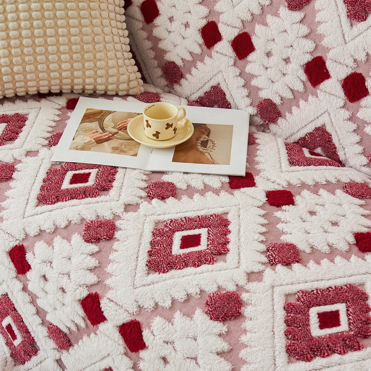 91家纺网 家纺一手货源 找家纺 枋梢家纺 2025新款沙发套罩坐垫防滑轻奢高级感盖布巾阳离子波西米亚沙发巾四季通用 波西米亚沙发巾-玫红