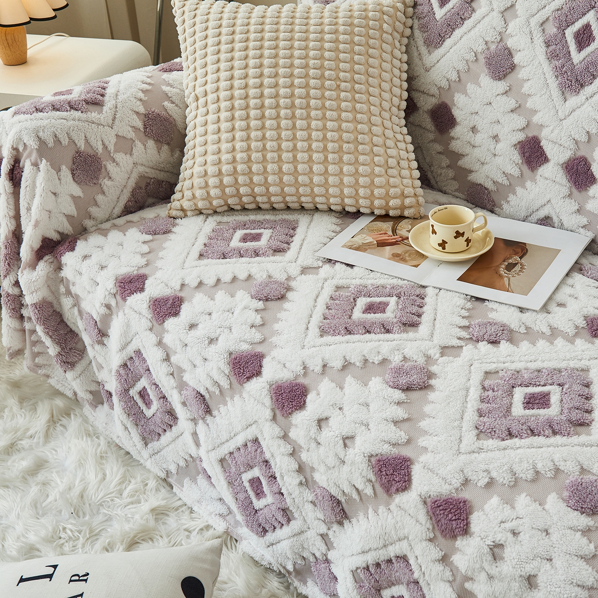 91家纺网 家纺一手货源 找家纺 枋梢家纺 2025新款沙发套罩坐垫防滑轻奢高级感盖布巾阳离子波西米亚沙发巾四季通用 波西米亚沙发巾-浅紫