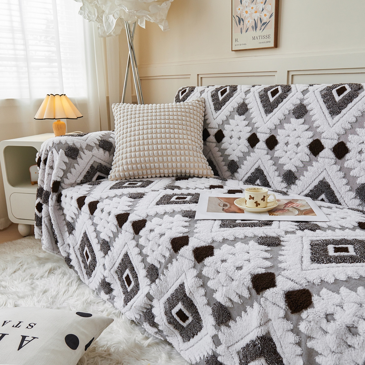 91家纺网 家纺一手货源 找家纺 枋梢家纺 2025新款沙发套罩坐垫防滑轻奢高级感盖布巾阳离子波西米亚沙发巾四季通用 波西米亚沙发巾-深灰