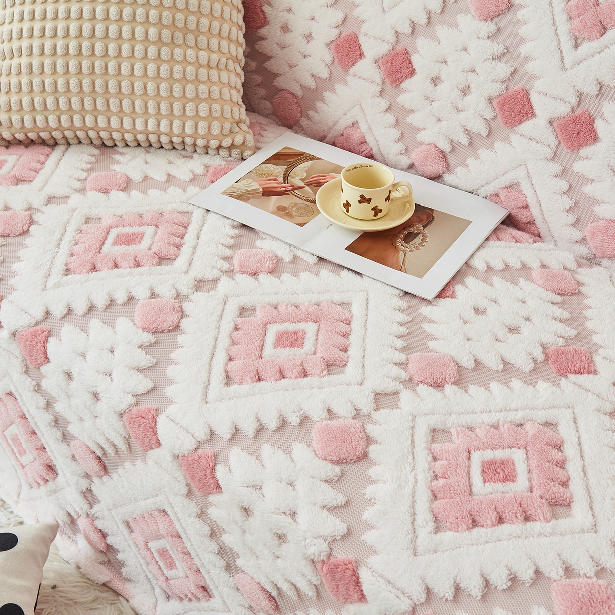 91家纺网 家纺一手货源 找家纺 枋梢家纺 2025新款沙发套罩坐垫防滑轻奢高级感盖布巾阳离子波西米亚沙发巾四季通用 波西米亚沙发巾-柔粉