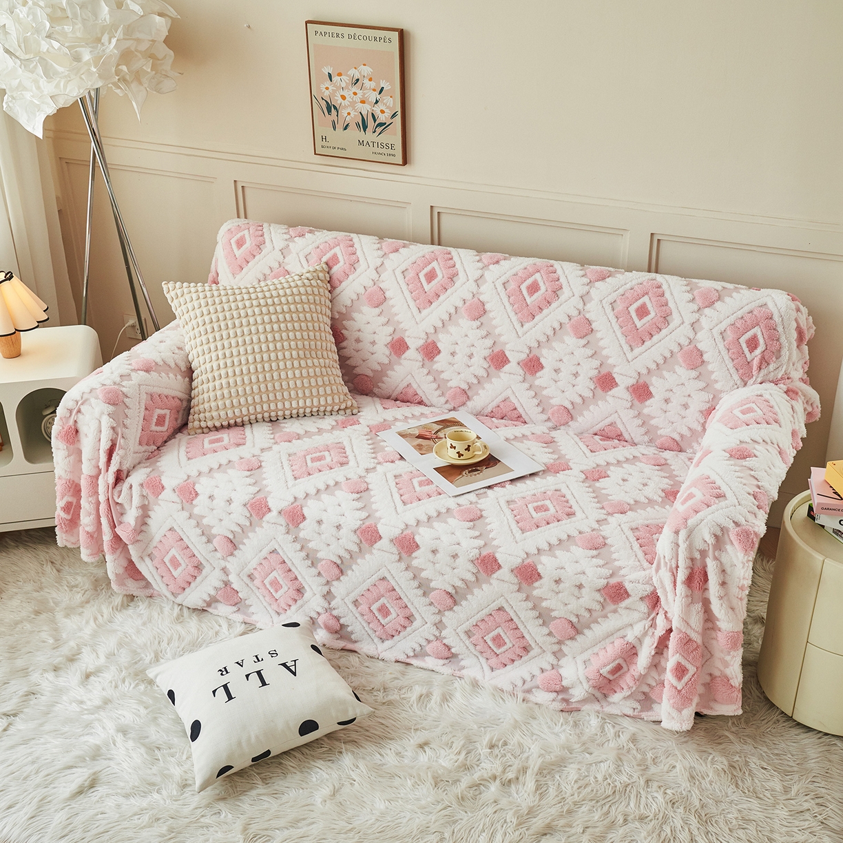 91家纺网 家纺一手货源 找家纺 枋梢家纺 2025新款沙发套罩坐垫防滑轻奢高级感盖布巾阳离子波西米亚沙发巾四季通用 波西米亚沙发巾-柔粉