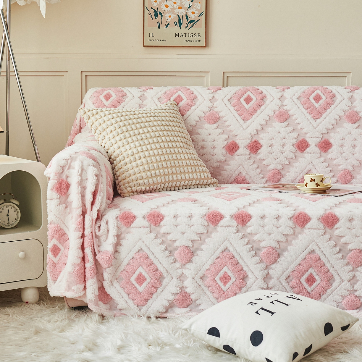 91家纺网 家纺一手货源 找家纺 枋梢家纺 2025新款沙发套罩坐垫防滑轻奢高级感盖布巾阳离子波西米亚沙发巾四季通用 波西米亚沙发巾-柔粉