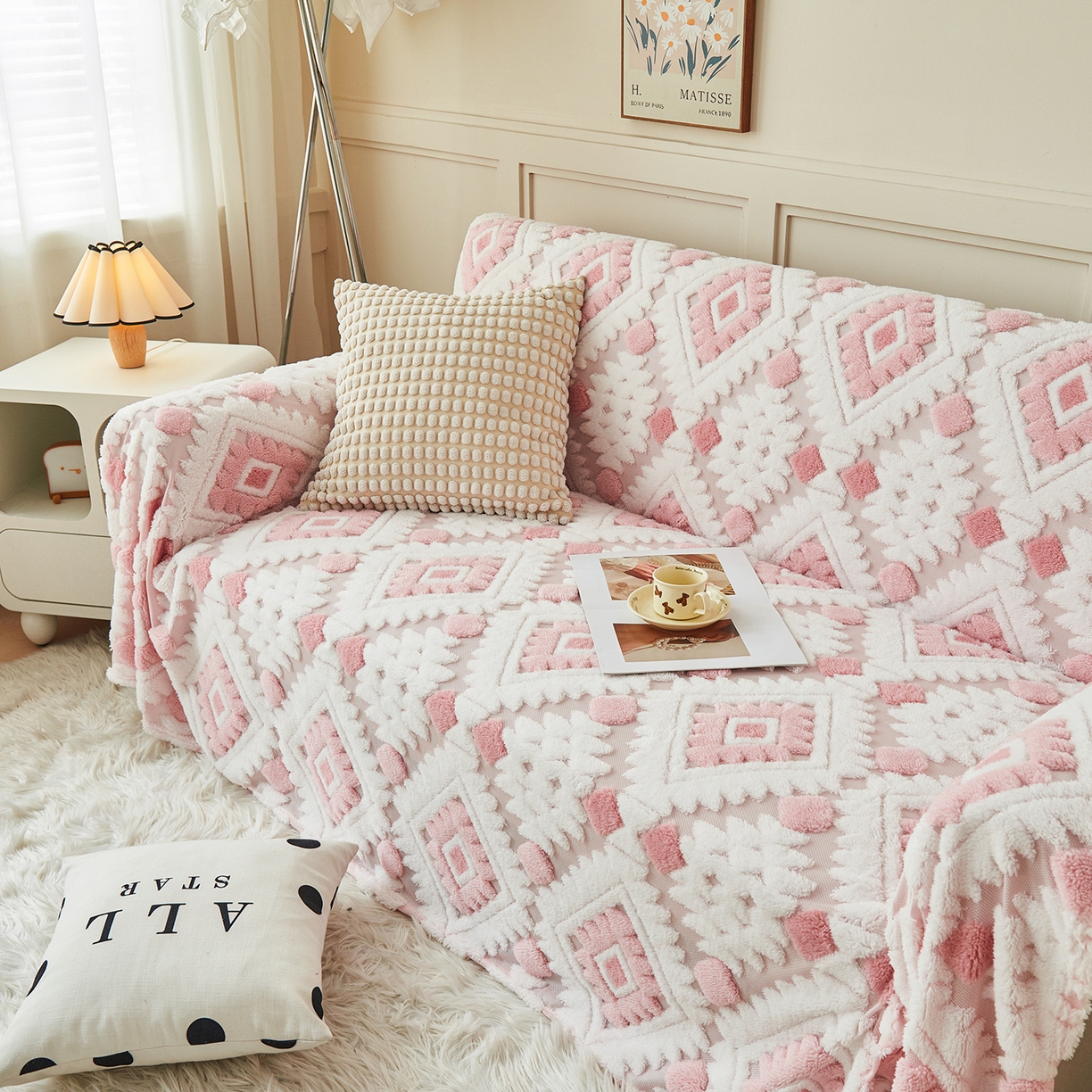 91家纺网 家纺一手货源 找家纺 枋梢家纺 2025新款沙发套罩坐垫防滑轻奢高级感盖布巾阳离子波西米亚沙发巾四季通用 波西米亚沙发巾-柔粉