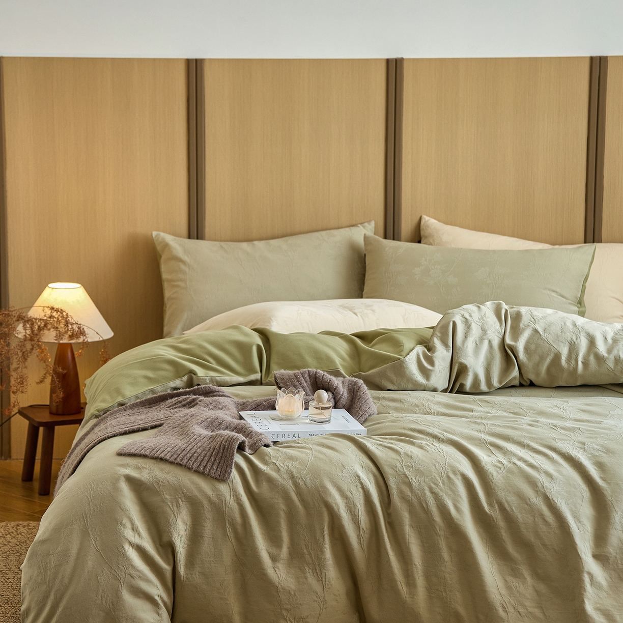 91家纺网 家纺一手货源 找家纺 禾时 2025新款60s轻奢提花磨毛四件套-枝上春暖 枝上春暖-绿