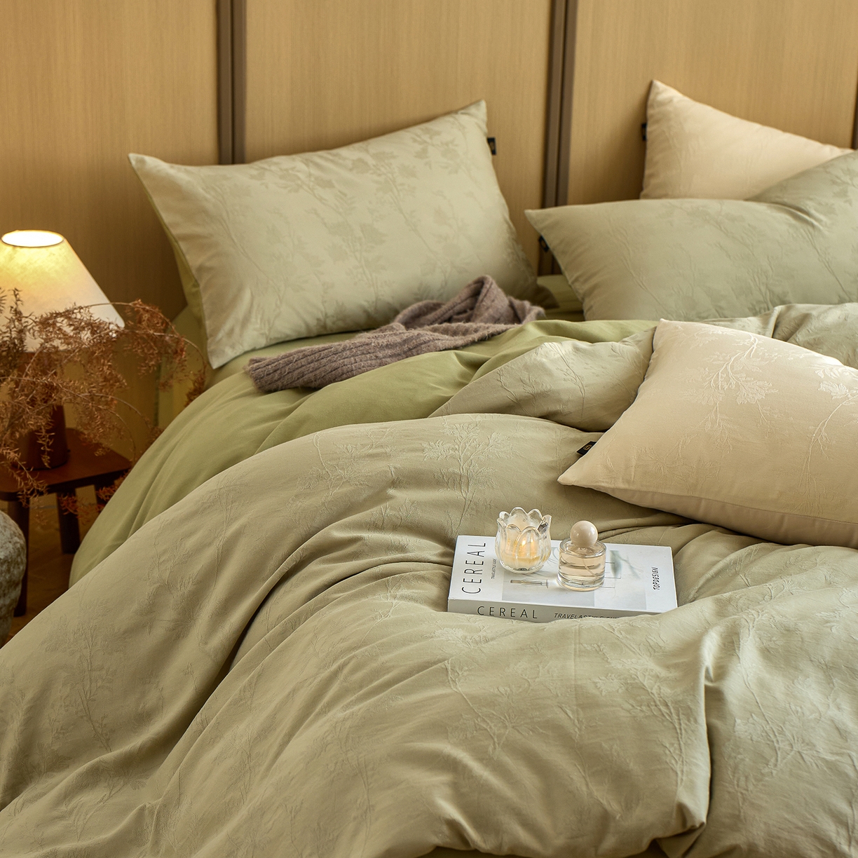 91家纺网 家纺一手货源 找家纺 禾时 2025新款60s轻奢提花磨毛四件套-枝上春暖 枝上春暖-绿