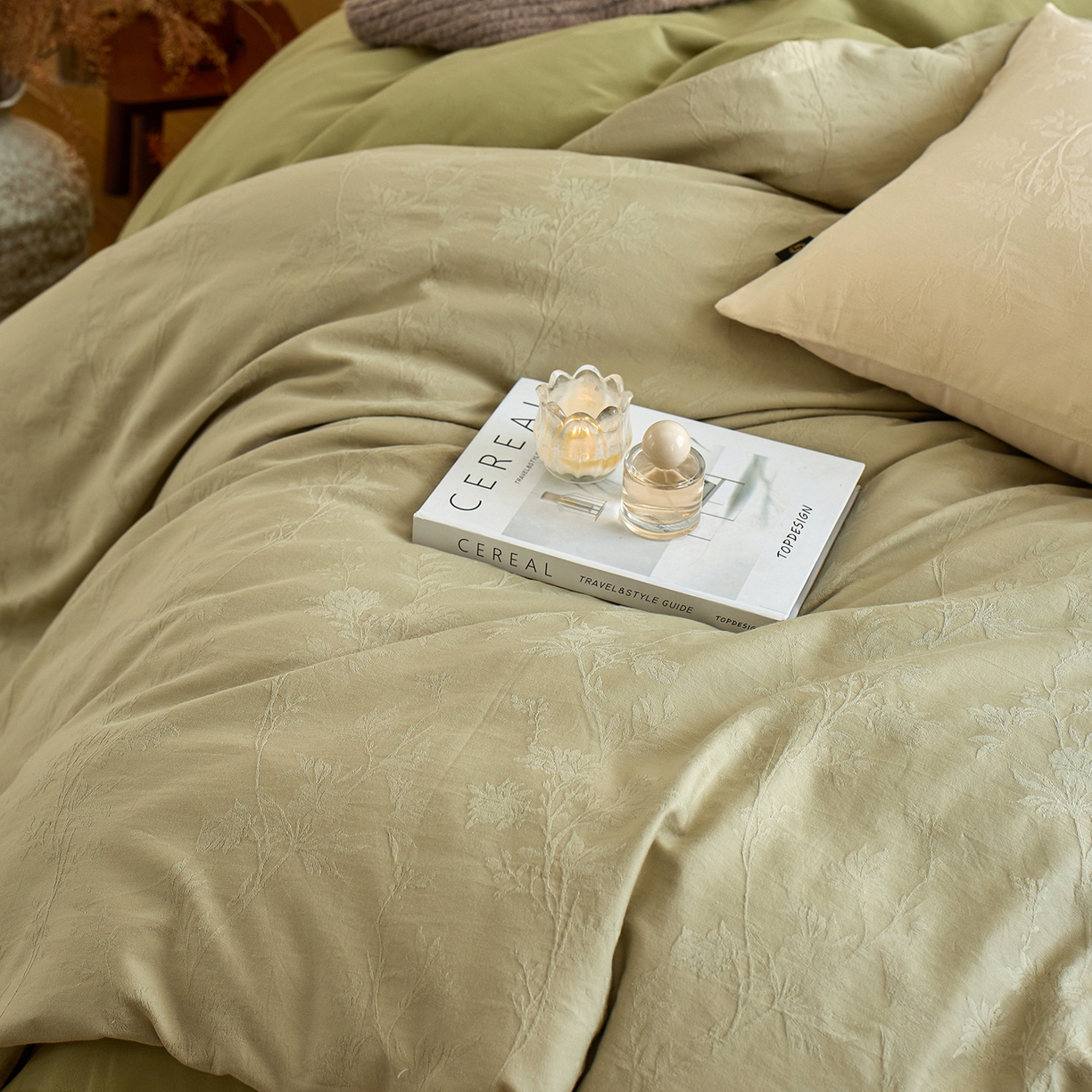 91家纺网 家纺一手货源 找家纺 禾时 2025新款60s轻奢提花磨毛四件套-枝上春暖 枝上春暖-绿