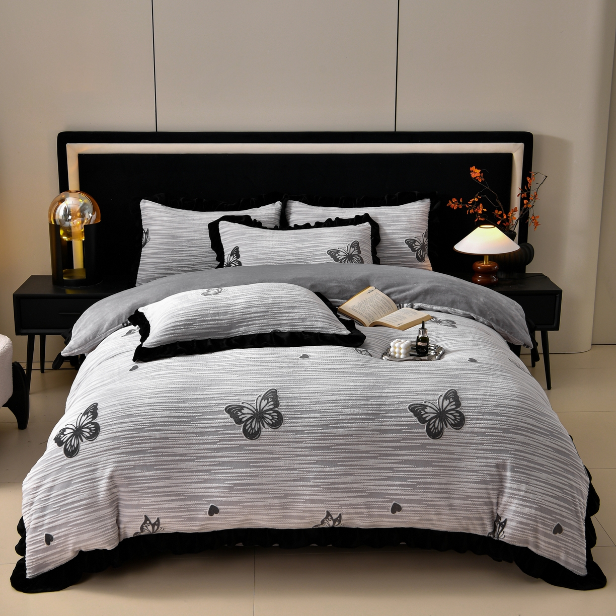 梦之星 2025新款雕花绒赫本风牛奶绒花边四件套  加厚8.5斤 花边蝴蝶-灰