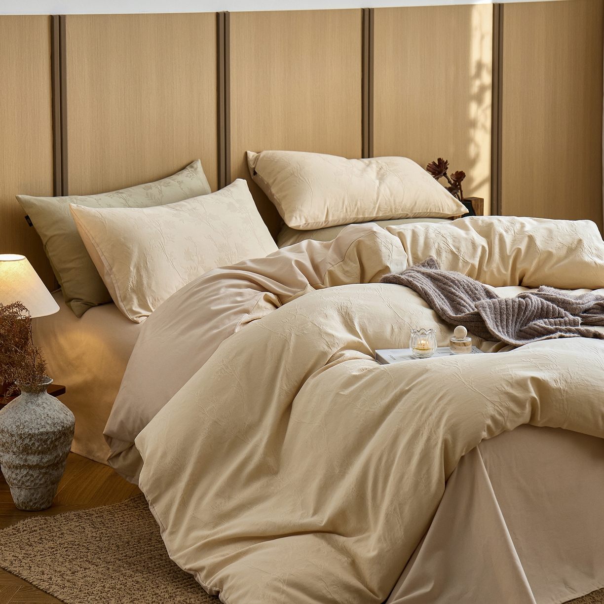 91家纺网 家纺一手货源 找家纺 禾时 2025新款60s轻奢提花磨毛四件套-枝上春暖 枝上春暖-米