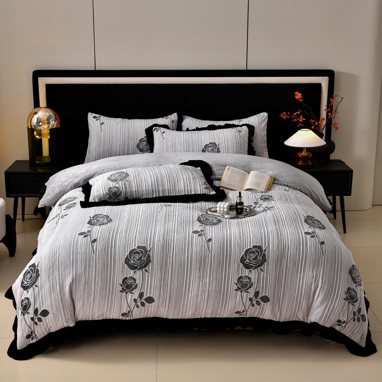 梦之星 2025新款雕花绒赫本风牛奶绒花边四件套  加厚8.5斤 花边玫瑰-灰