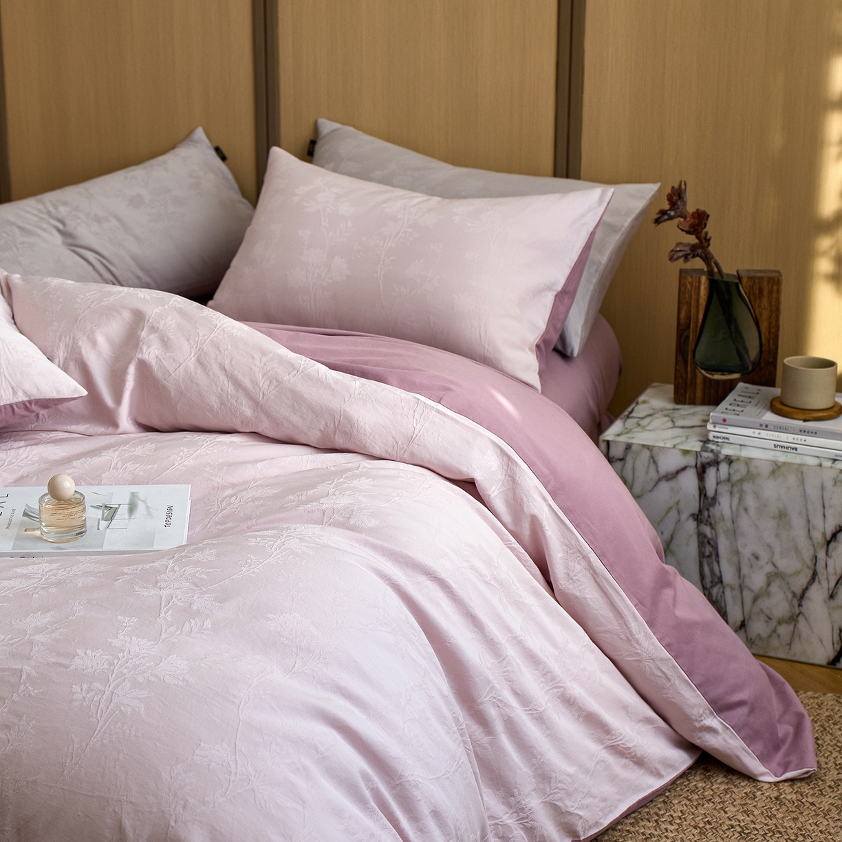 91家纺网 家纺一手货源 找家纺 禾时 2025新款60s轻奢提花磨毛四件套-枝上春暖 枝上春暖-紫