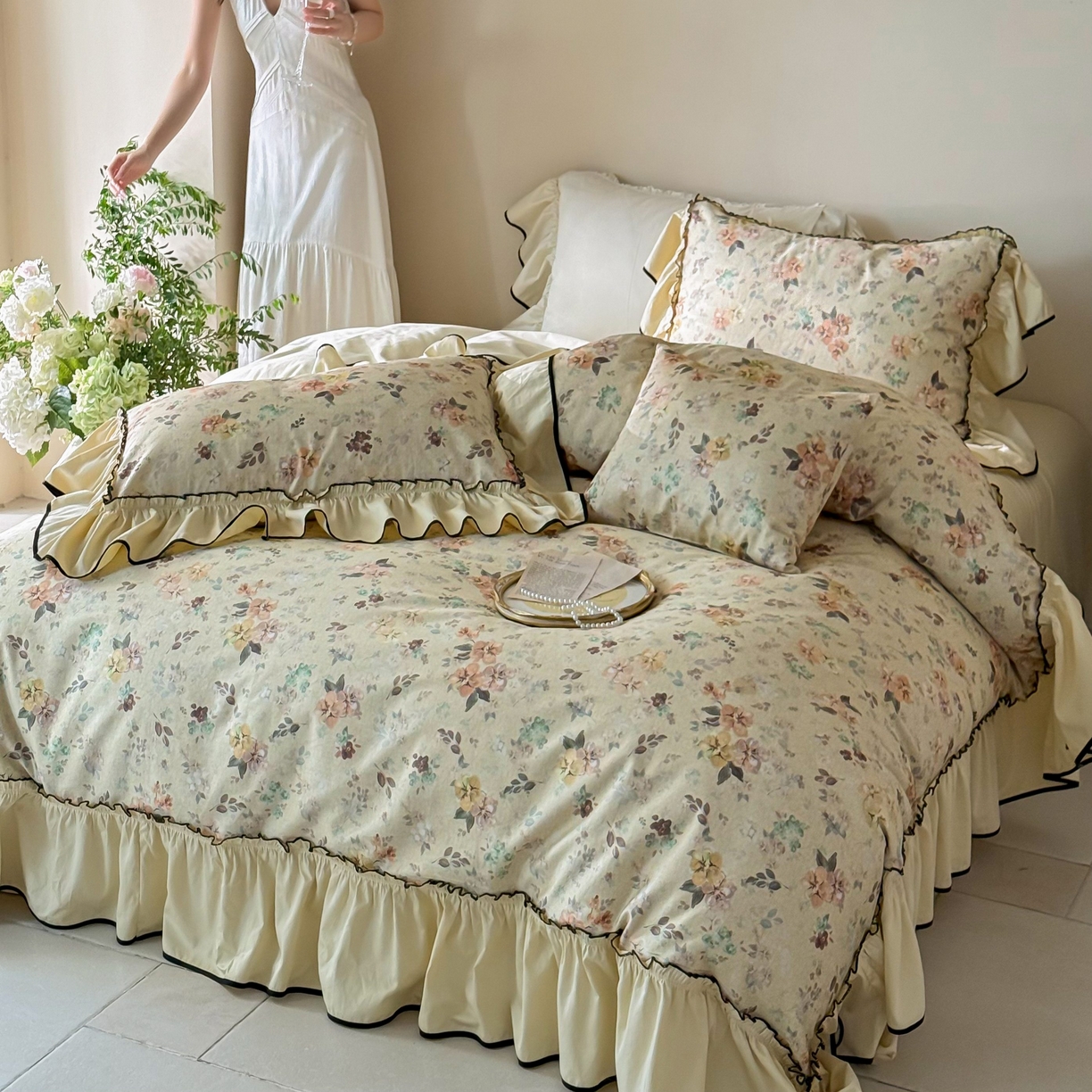 91家纺网 家纺一手货源 找家纺 （总）优然居家纺 2025新款50支全棉纯棉印花法式双头木耳边四件套