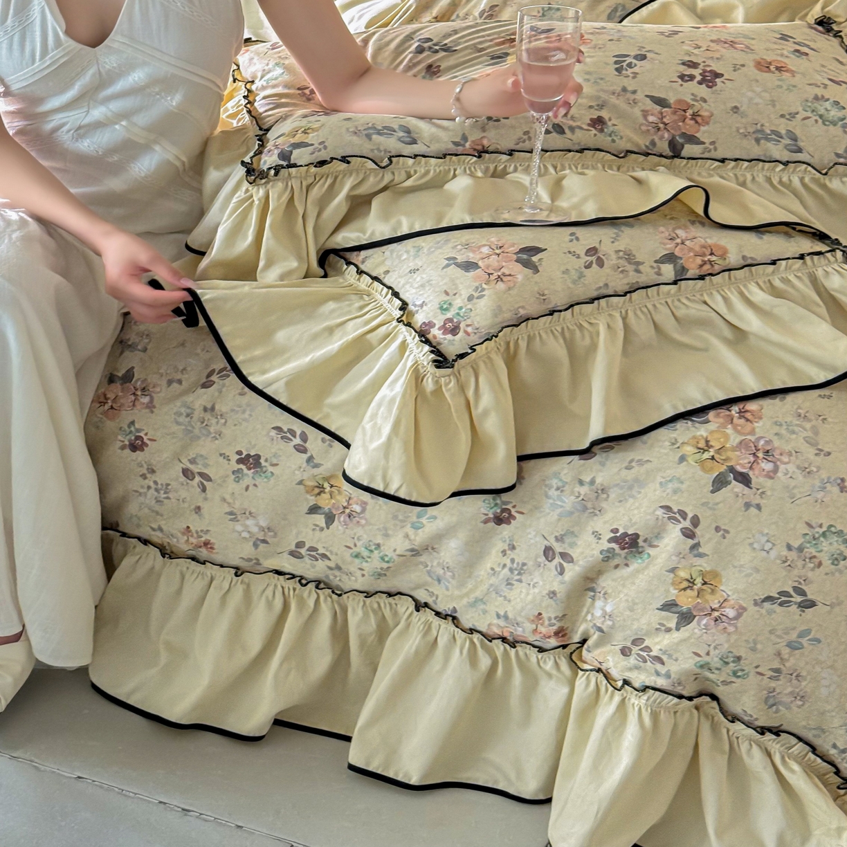 91家纺网 家纺一手货源 找家纺 （总）优然居家纺 2025新款50支全棉纯棉印花法式双头木耳边四件套