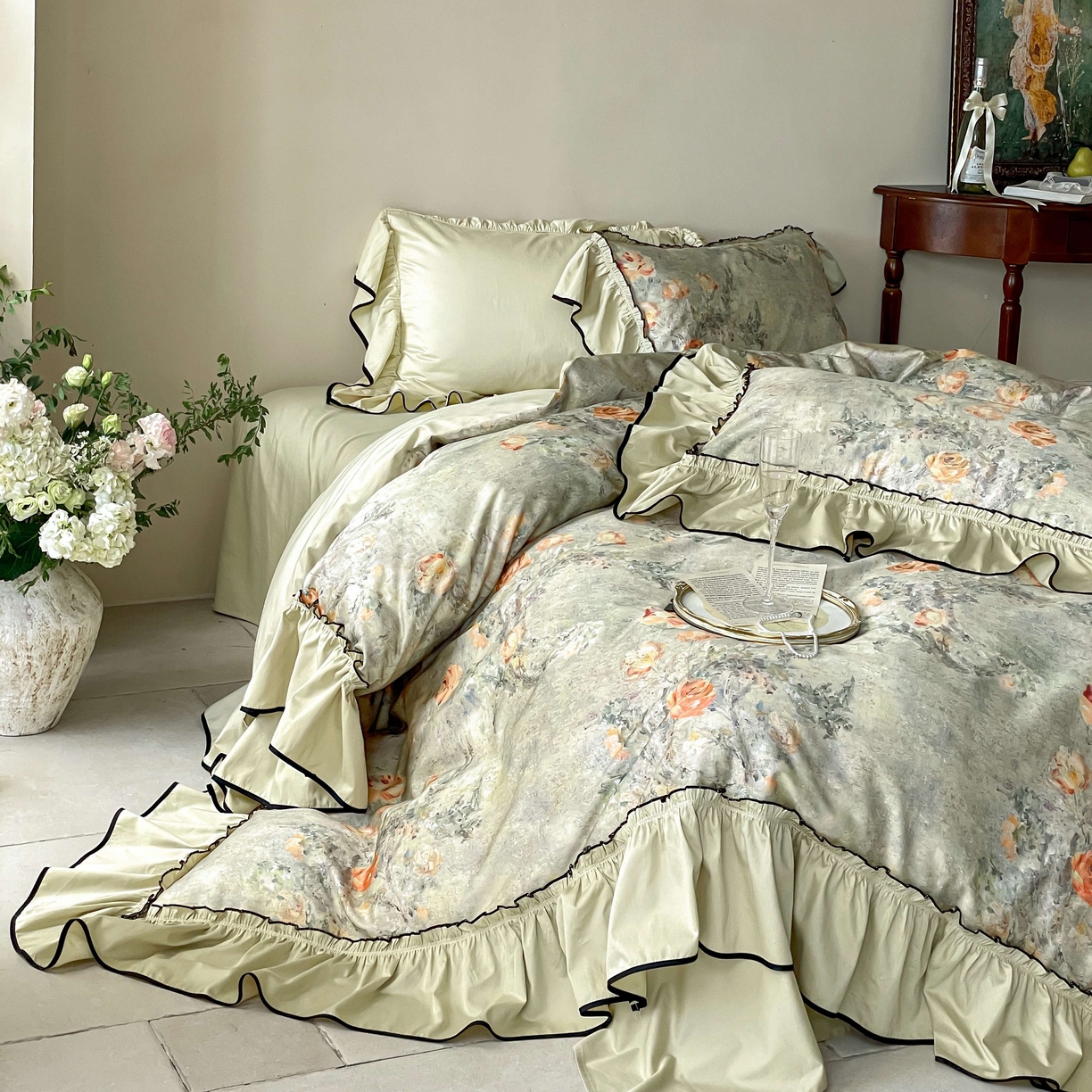 91家纺网 家纺一手货源 找家纺 （总）优然居家纺 2025新款50支全棉纯棉印花法式双头木耳边四件套