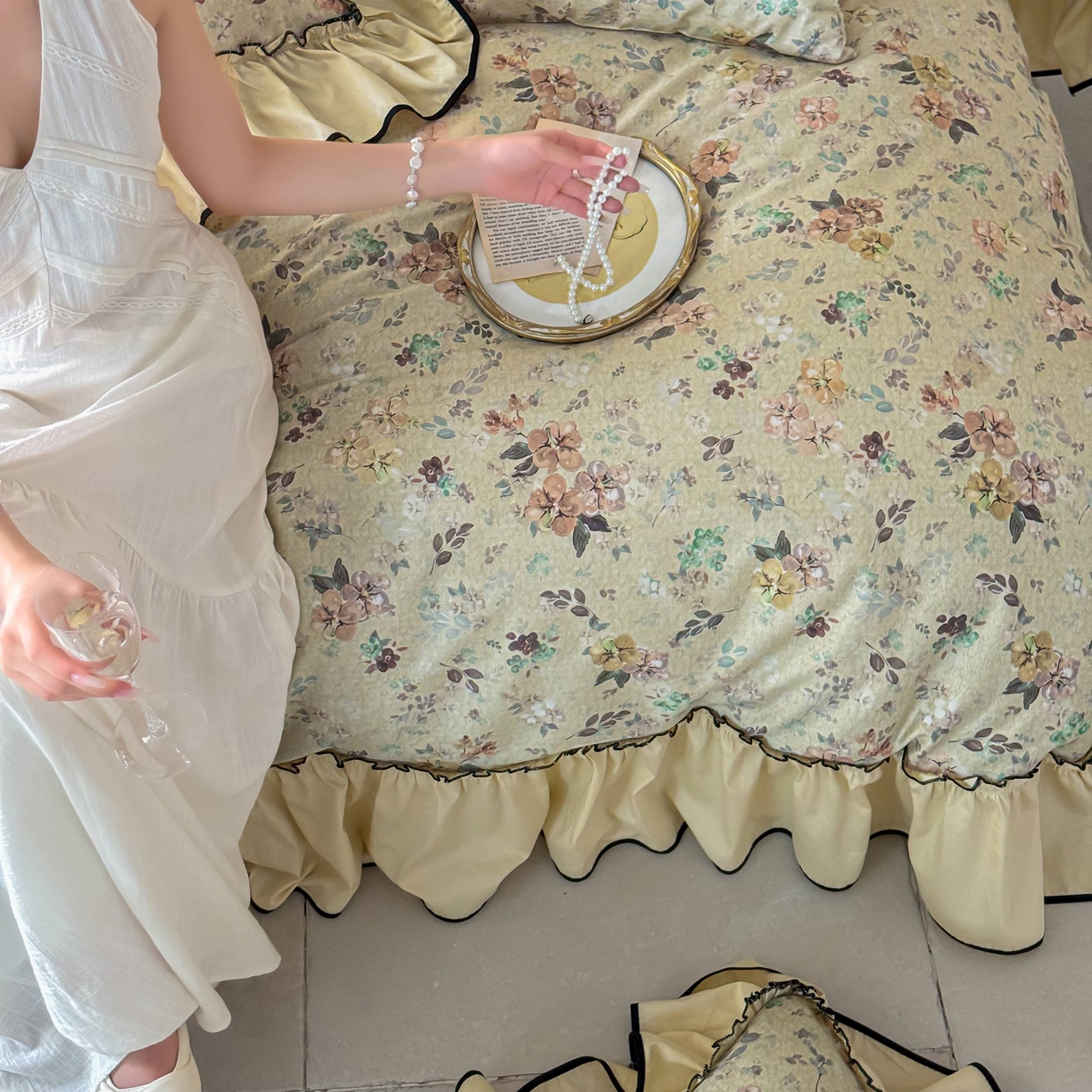 91家纺网 家纺一手货源 找家纺 优然居家纺 2025新款50支全棉纯棉印花法式双头木耳边四件套 觅棠