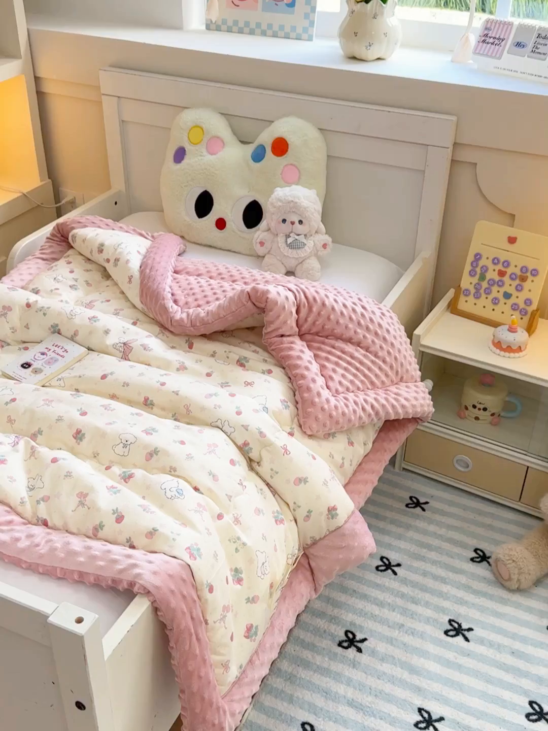 91家纺网 家纺一手货源 找家纺 梦依依 2025新款全棉小清新卡通印花系列儿童豆豆被子被芯 可拆卸款-草莓狗