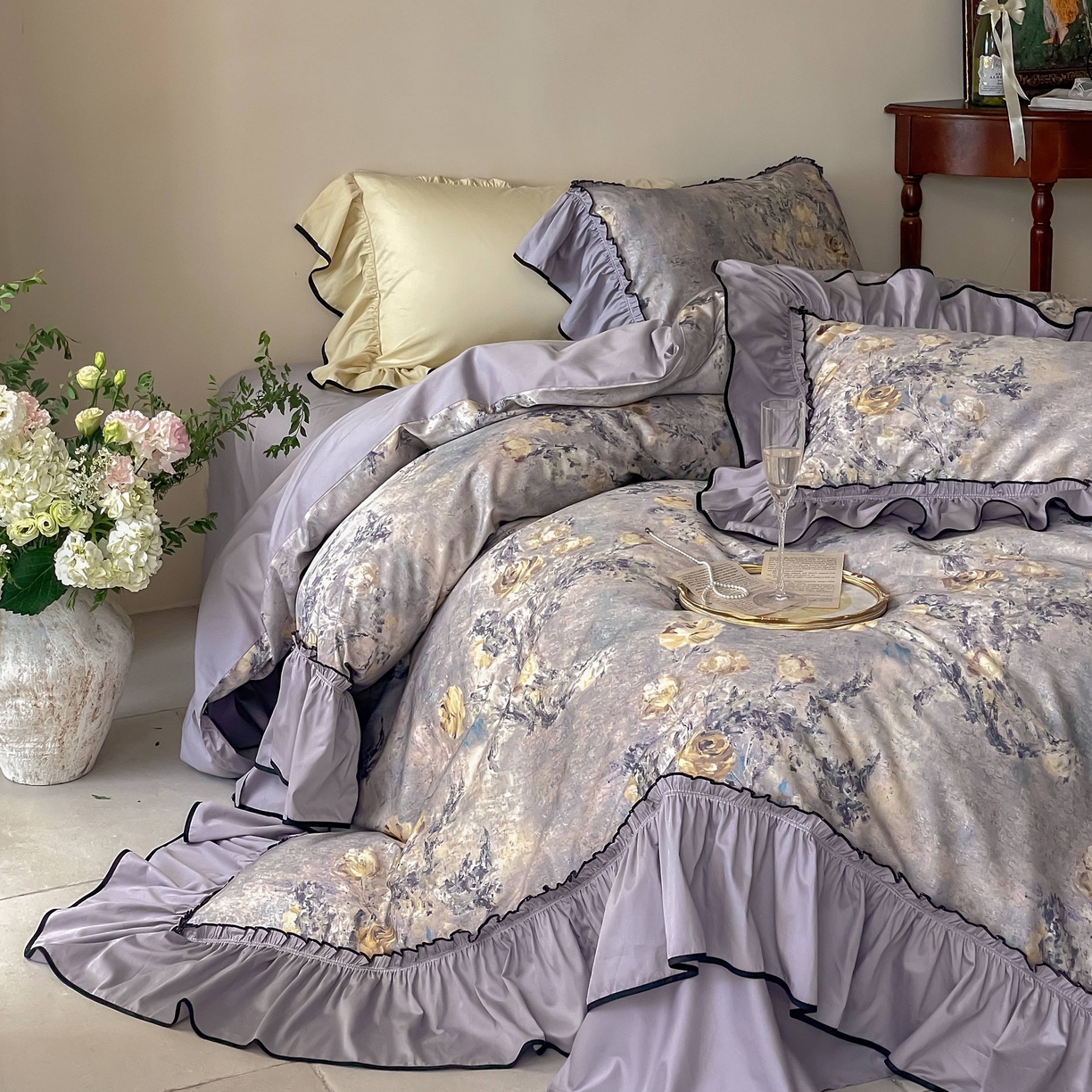 优然居家纺 2025新款50支全棉纯棉印花法式双头木耳边四件套 莫妮卡罗兰