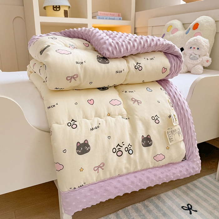91家纺网 家纺一手货源 找家纺 梦依依 2025新款全棉小清新卡通印花系列儿童豆豆被子被芯 一体款-樱桃猫