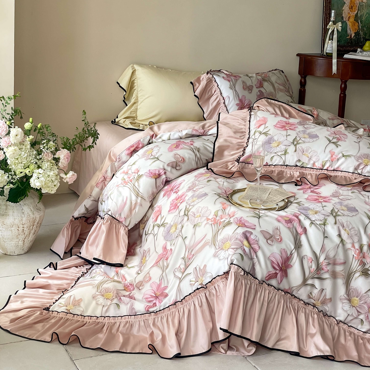 优然居家纺 2025新款50支全棉纯棉印花法式双头木耳边四件套 慕斯粉