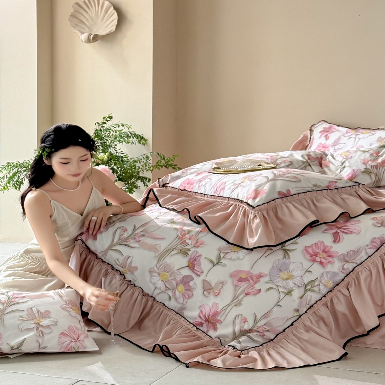 91家纺网 家纺一手货源 找家纺 优然居家纺 2025新款50支全棉纯棉印花法式双头木耳边四件套 慕斯粉