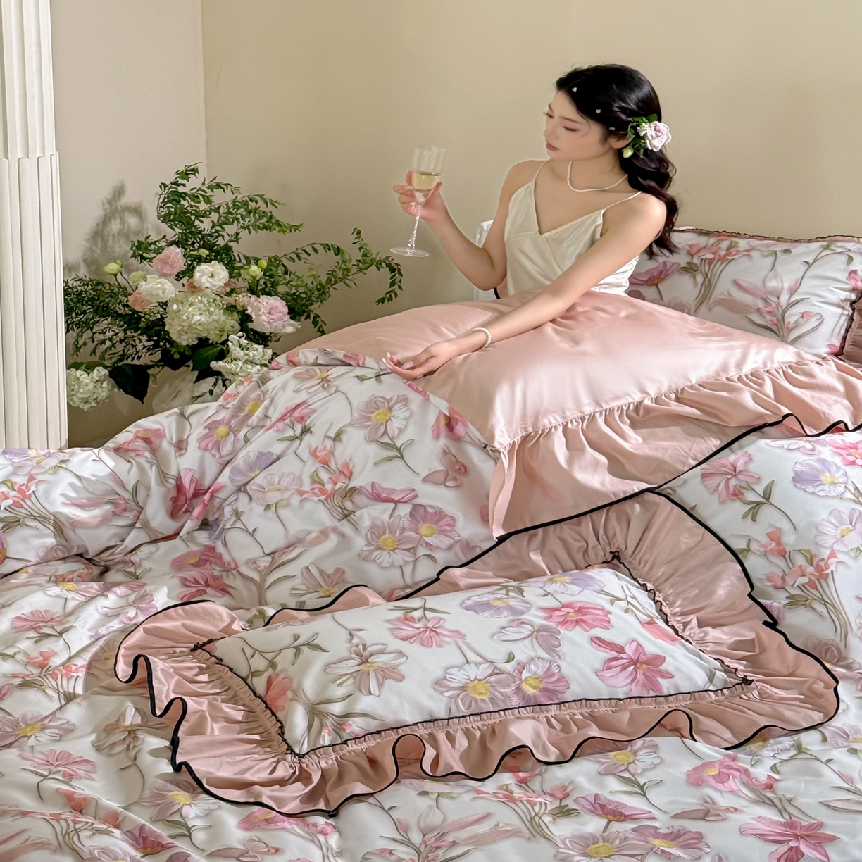 91家纺网 家纺一手货源 找家纺 优然居家纺 2025新款50支全棉纯棉印花法式双头木耳边四件套 慕斯粉