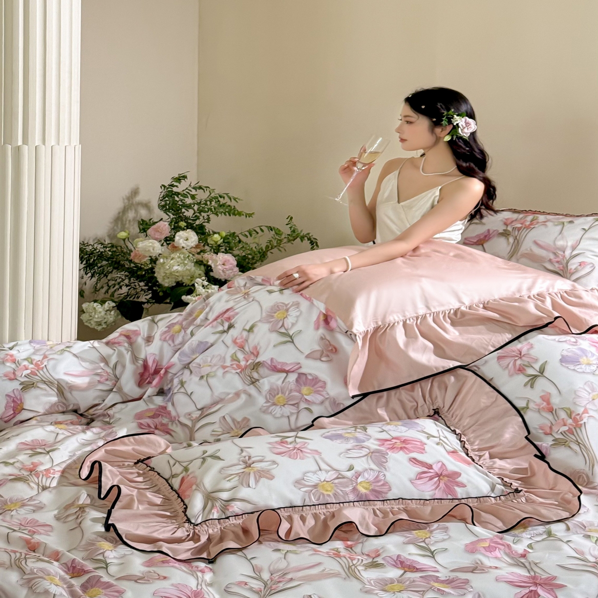 91家纺网 家纺一手货源 找家纺 优然居家纺 2025新款50支全棉纯棉印花法式双头木耳边四件套 慕斯粉