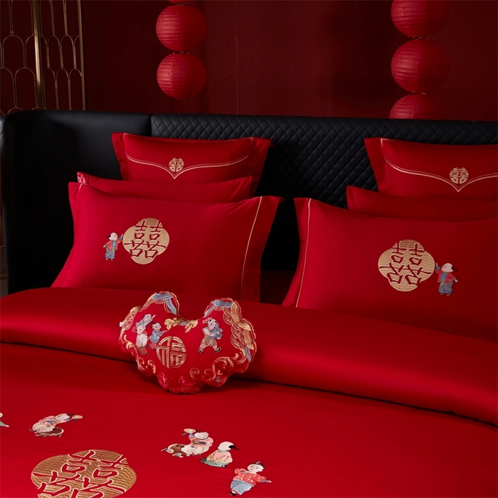 91家纺网 家纺一手货源 找家纺 红番天婚庆 （控价）2025新款全棉新中式刺绣款婚庆四件套多件套 百子喜福
