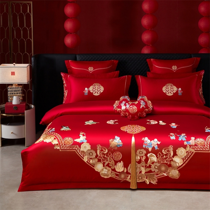 91家纺网 家纺一手货源 找家纺 红番天婚庆 （控价）2025新款全棉新中式刺绣款婚庆四件套多件套 百子喜福