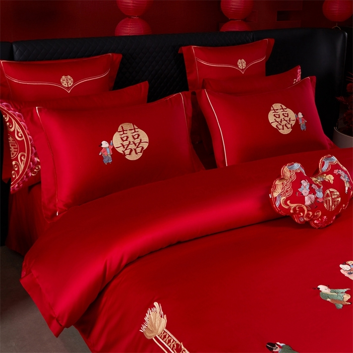 91家纺网 家纺一手货源 找家纺 红番天婚庆 （控价）2025新款全棉新中式刺绣款婚庆四件套多件套 百子喜福