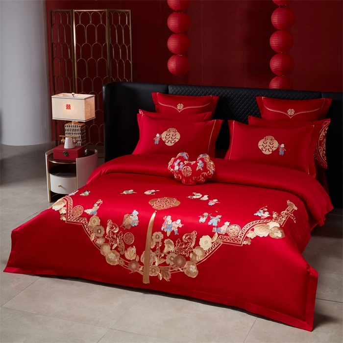 91家纺网 家纺一手货源 找家纺 红番天婚庆 （控价）2025新款全棉新中式刺绣款婚庆四件套多件套 百子喜福