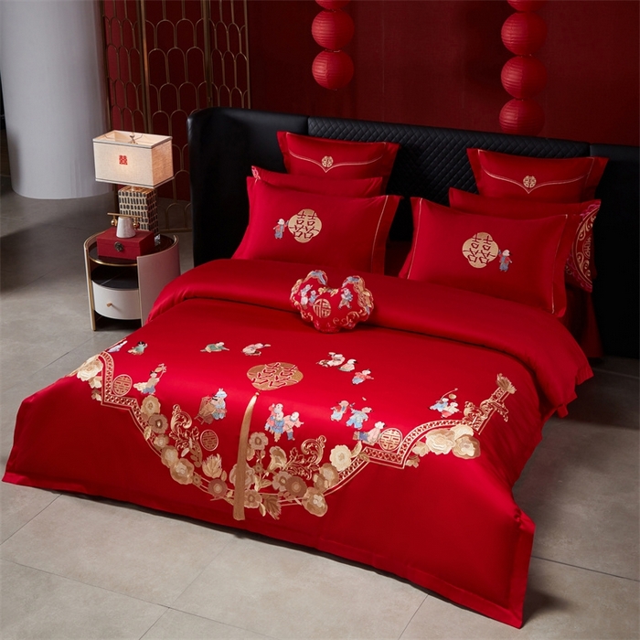 91家纺网 家纺一手货源 找家纺 红番天婚庆 （控价）2025新款全棉新中式刺绣款婚庆四件套多件套 百子喜福