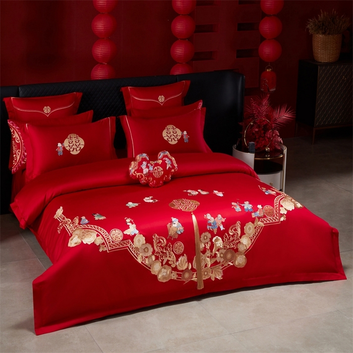 91家纺网 家纺一手货源 找家纺 红番天婚庆 （控价）2025新款全棉新中式刺绣款婚庆四件套多件套 百子喜福