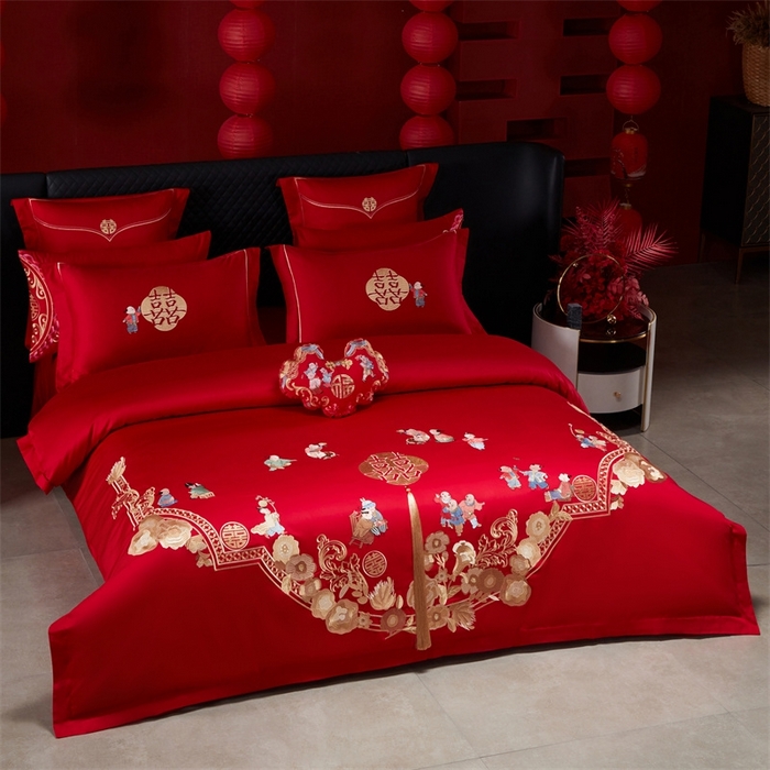 91家纺网 家纺一手货源 找家纺 红番天婚庆 （控价）2025新款全棉新中式刺绣款婚庆四件套多件套 百子喜福