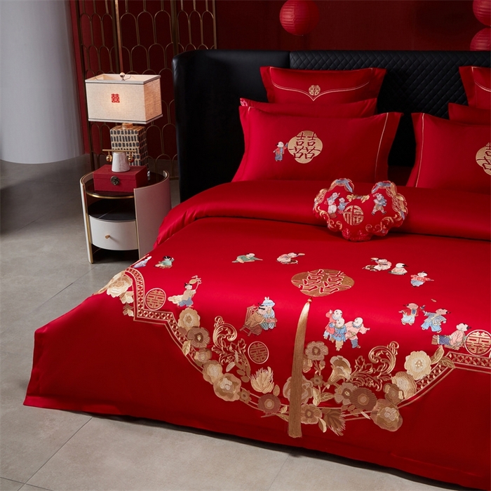 91家纺网 家纺一手货源 找家纺 红番天婚庆 （控价）2025新款全棉新中式刺绣款婚庆四件套多件套 百子喜福
