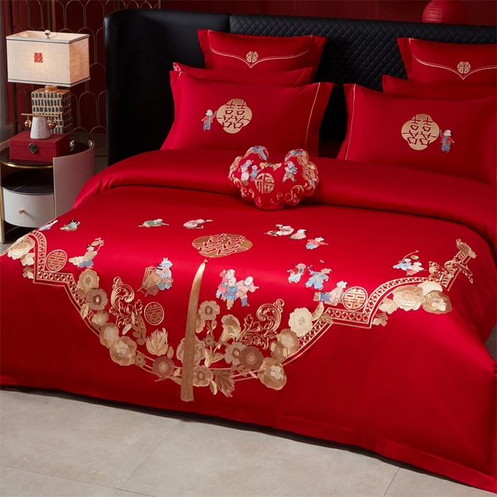 91家纺网 家纺一手货源 找家纺 红番天婚庆 （控价）2025新款全棉新中式刺绣款婚庆四件套多件套 百子喜福