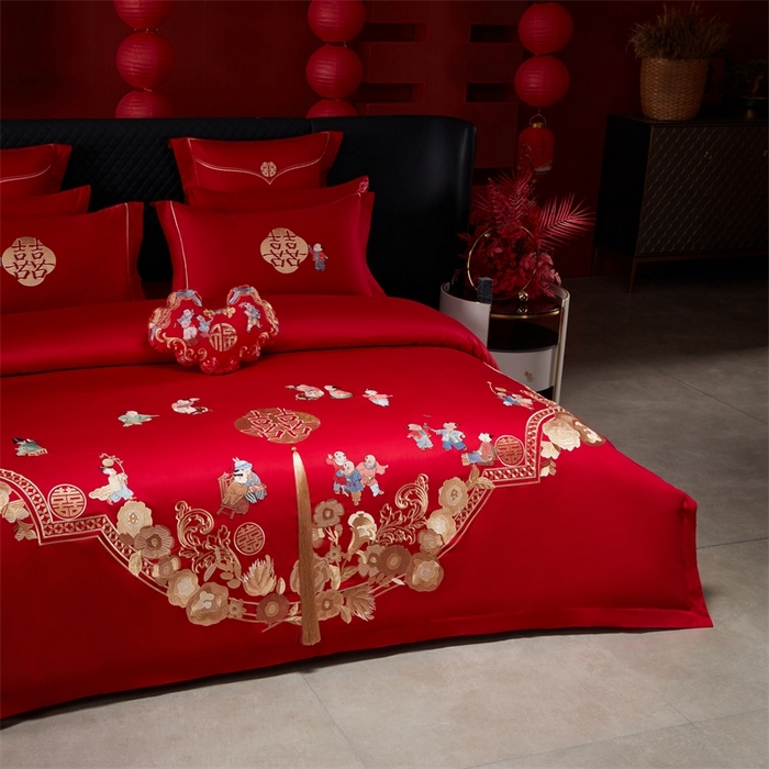 91家纺网 家纺一手货源 找家纺 红番天婚庆 （控价）2025新款全棉新中式刺绣款婚庆四件套多件套 百子喜福