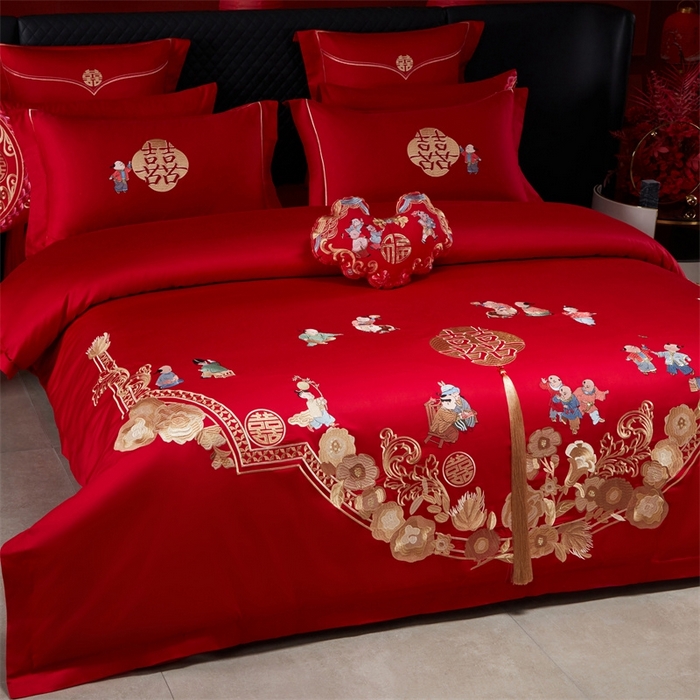 91家纺网 家纺一手货源 找家纺 红番天婚庆 （控价）2025新款全棉新中式刺绣款婚庆四件套多件套 百子喜福