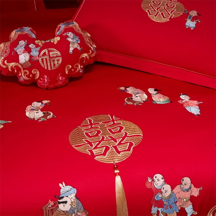 91家纺网 家纺一手货源 找家纺 红番天婚庆 （控价）2025新款全棉新中式刺绣款婚庆四件套多件套 百子喜福