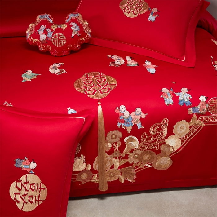 91家纺网 家纺一手货源 找家纺 红番天婚庆 （控价）2025新款全棉新中式刺绣款婚庆四件套多件套 百子喜福