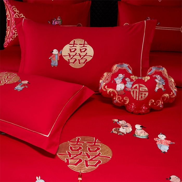 91家纺网 家纺一手货源 找家纺 红番天婚庆 （控价）2025新款全棉新中式刺绣款婚庆四件套多件套 百子喜福