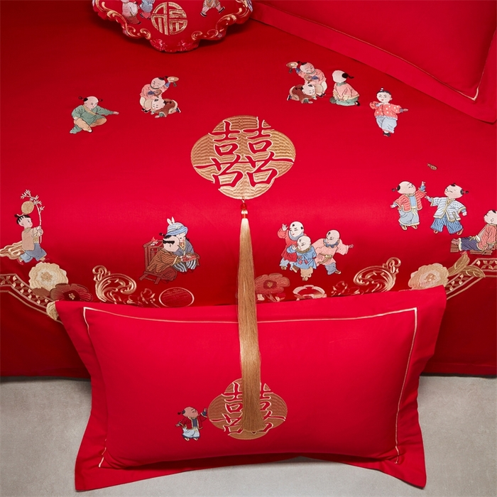 91家纺网 家纺一手货源 找家纺 红番天婚庆 （控价）2025新款全棉新中式刺绣款婚庆四件套多件套 百子喜福