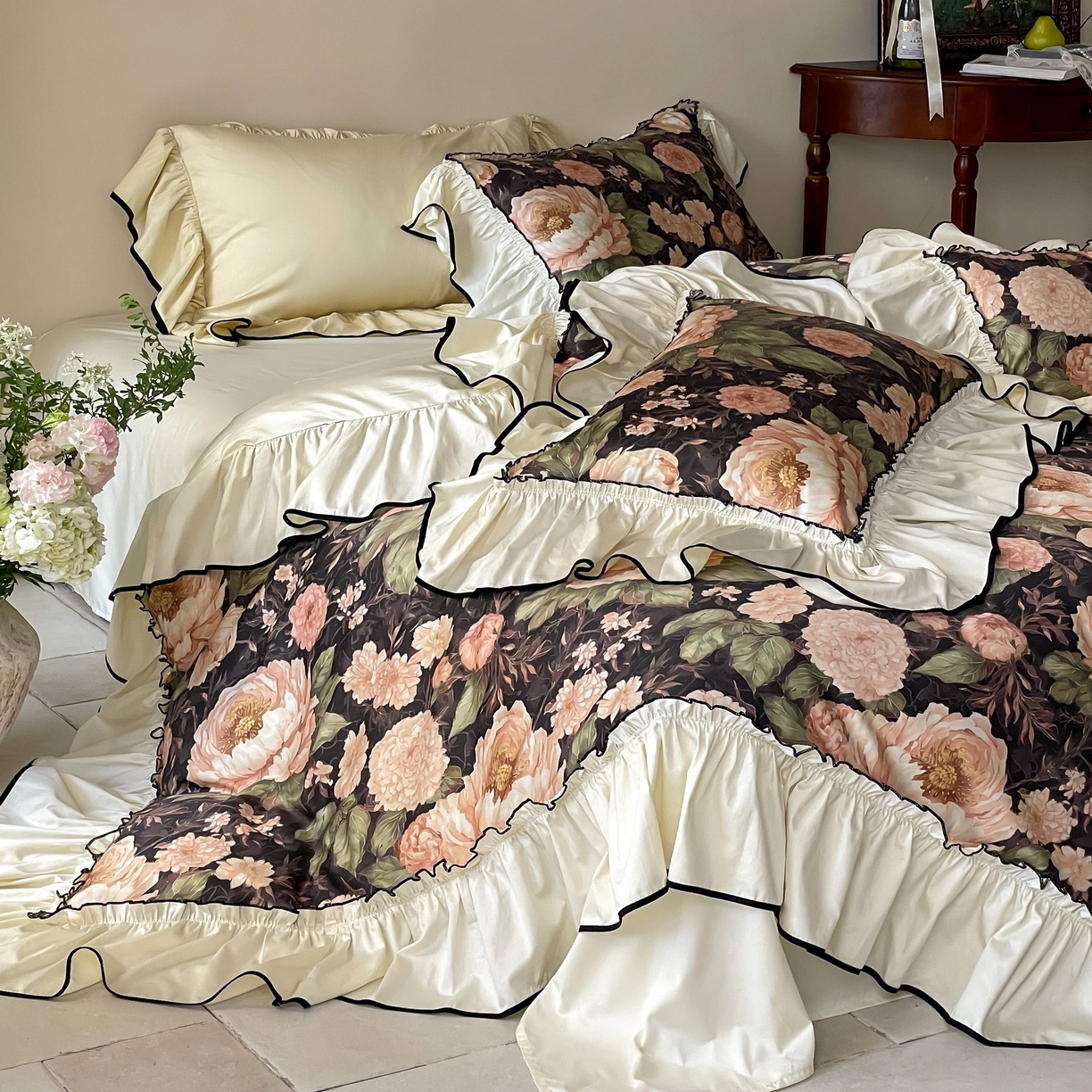 优然居家纺 2025新款50支全棉纯棉印花法式双头木耳边四件套 薇薇安