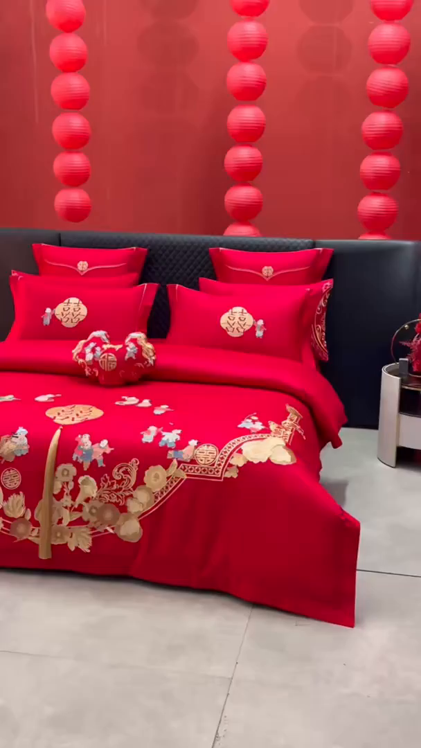 91家纺网 家纺一手货源 找家纺 红番天婚庆 （控价）2025新款全棉新中式刺绣款婚庆四件套多件套 百子喜福