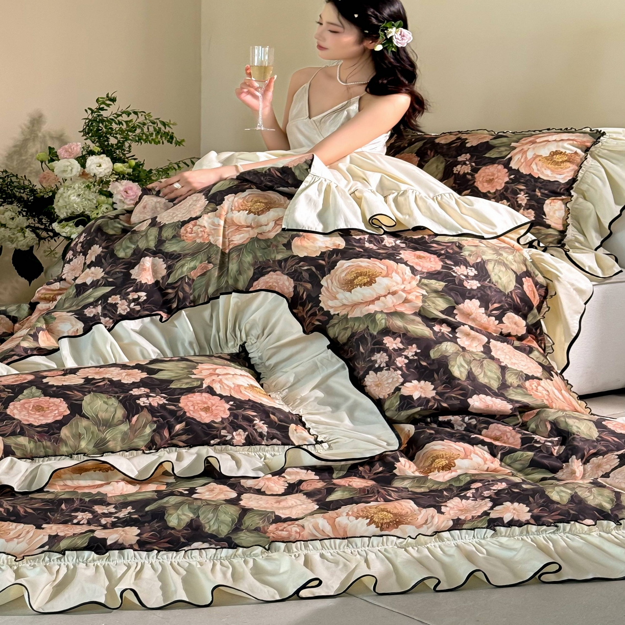 91家纺网 家纺一手货源 找家纺 优然居家纺 2025新款50支全棉纯棉印花法式双头木耳边四件套 薇薇安