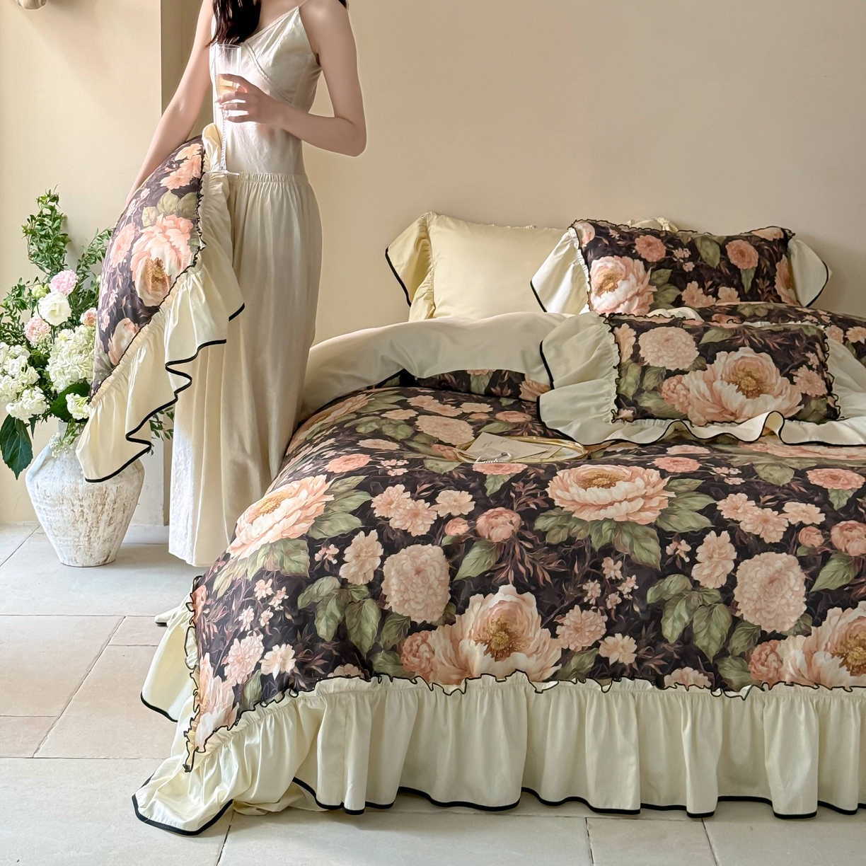 91家纺网 家纺一手货源 找家纺 优然居家纺 2025新款50支全棉纯棉印花法式双头木耳边四件套 薇薇安