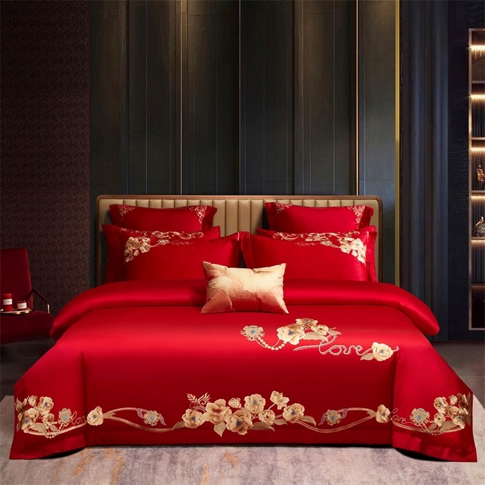 91家纺网 家纺一手货源 找家纺 红番天婚庆 （控价）2025新款全棉新中式刺绣款婚庆四件套多件套 春色盎然